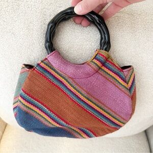 Forever Fossil Woven Tapestry Handbag Clutch Bamboo Style Handles Striped Boho.